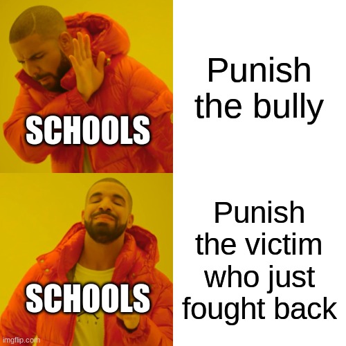 Schools when bullies strike | Punish the bully; SCHOOLS; Punish the victim who just fought back; SCHOOLS | image tagged in memes,drake hotline bling | made w/ Imgflip meme maker