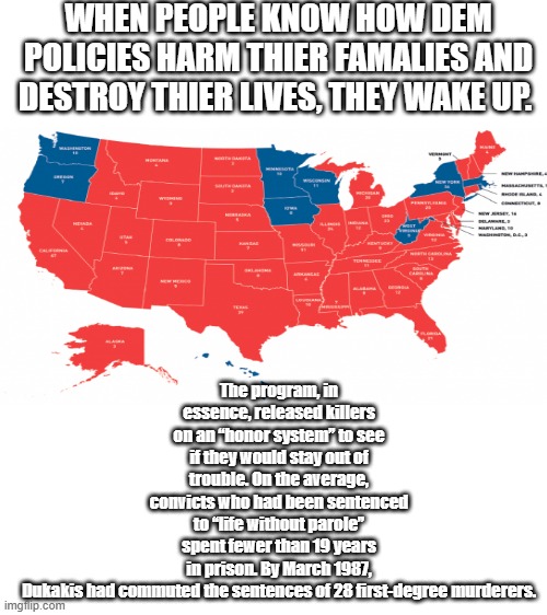 TIME to wake up again America DEMS are releaseing & importing thousands of criminals | WHEN PEOPLE KNOW HOW DEM POLICIES HARM THIER FAMALIES AND DESTROY THIER LIVES, THEY WAKE UP. The program, in essence, released killers on an “honor system” to see if they would stay out of trouble. On the average, convicts who had been sentenced to “life without parole” spent fewer than 19 years in prison. By March 1987, Dukakis had commuted the sentences of 28 first-degree murderers. | made w/ Imgflip meme maker