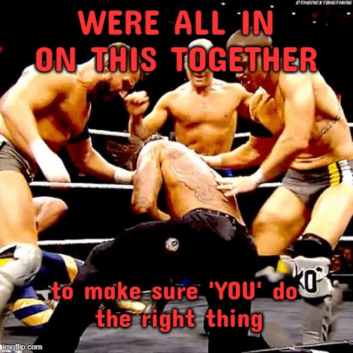 Ganging up on someone | WERE ALL IN ON THIS TOGETHER to make sure 'YOU' do 
the right thing | image tagged in ganging up on someone | made w/ Imgflip meme maker