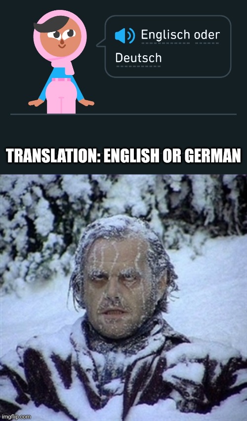 Duolingo knows | TRANSLATION: ENGLISH OR GERMAN | image tagged in frozen guy,english or spanish | made w/ Imgflip meme maker