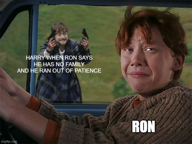 Harry with guns, scared Ron | HARRY WHEN RON SAYS HE HAS NO FAMILY AND HE RAN OUT OF PATIENCE; RON | image tagged in harry with guns scared ron | made w/ Imgflip meme maker