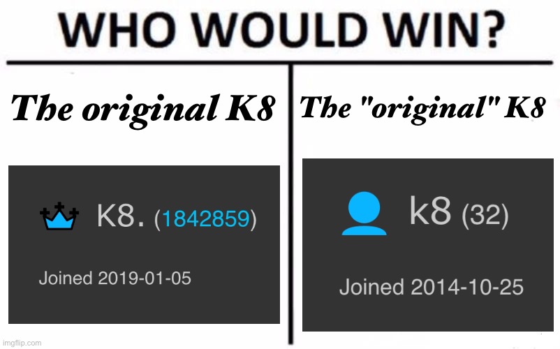 Who Would Win? | The original K8; The "original" K8 | image tagged in memes,who would win | made w/ Imgflip meme maker