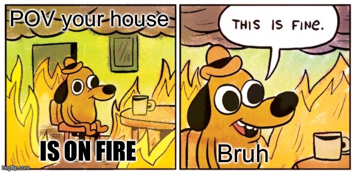 House on fire | POV your house; Bruh; IS ON FIRE | image tagged in memes,this is fine | made w/ Imgflip meme maker