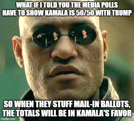 What if i told you | WHAT IF I TOLD YOU THE MEDIA POLLS HAVE TO SHOW KAMALA IS 50/50 WITH TRUMP; SO WHEN THEY STUFF MAIL-IN BALLOTS, THE TOTALS WILL BE IN KAMALA'S FAVOR | image tagged in what if i told you | made w/ Imgflip meme maker