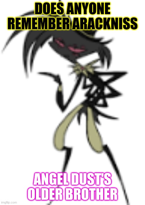 does anyone remember him | DOES ANYONE REMEMBER ARACKNISS; ANGEL DUST'S OLDER BROTHER | made w/ Imgflip meme maker