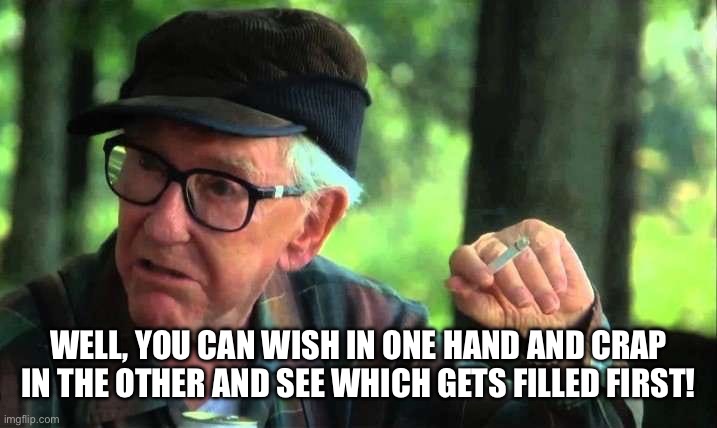 You can wish in one hand… | WELL, YOU CAN WISH IN ONE HAND AND CRAP IN THE OTHER AND SEE WHICH GETS FILLED FIRST! | image tagged in grumpy old men,grandpa gustafson,burgess meredith | made w/ Imgflip meme maker