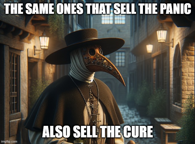 the same ones that sell the panic | THE SAME ONES THAT SELL THE PANIC; ALSO SELL THE CURE | image tagged in the same ones that sell the panic,plague doctor,sell the cure | made w/ Imgflip meme maker