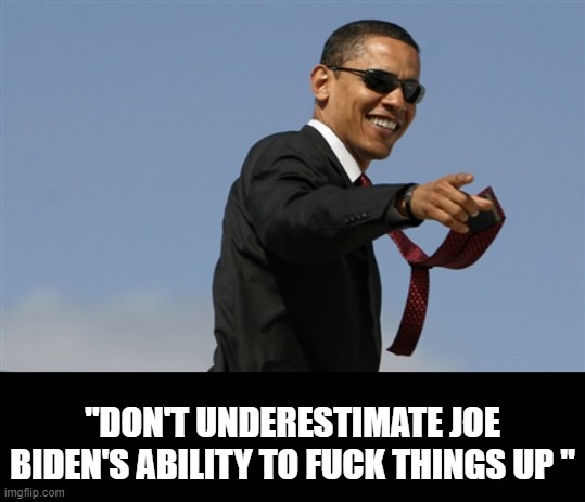 Cool Obama Meme | "DON'T UNDERESTIMATE JOE BIDEN'S ABILITY TO FUCK THINGS UP " | image tagged in memes,cool obama | made w/ Imgflip meme maker