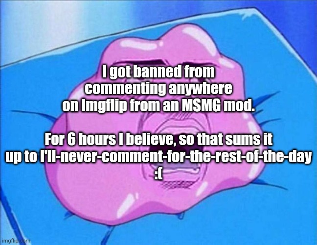 Correction: a Community mod | I got banned from commenting anywhere on Imgflip from an MSMG mod.
 
For 6 hours I believe, so that sums it up to I'll-never-comment-for-the-rest-of-the-day
:( | image tagged in ditto,fresh memes,sad but true | made w/ Imgflip meme maker