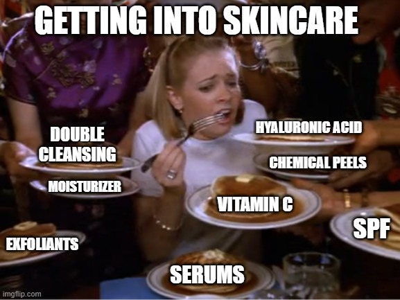 Skincare | GETTING INTO SKINCARE; HYALURONIC ACID; DOUBLE CLEANSING; CHEMICAL PEELS; MOISTURIZER; VITAMIN C; SPF; EXFOLIANTS; SERUMS | image tagged in sabrina the teenage witch pancakes | made w/ Imgflip meme maker