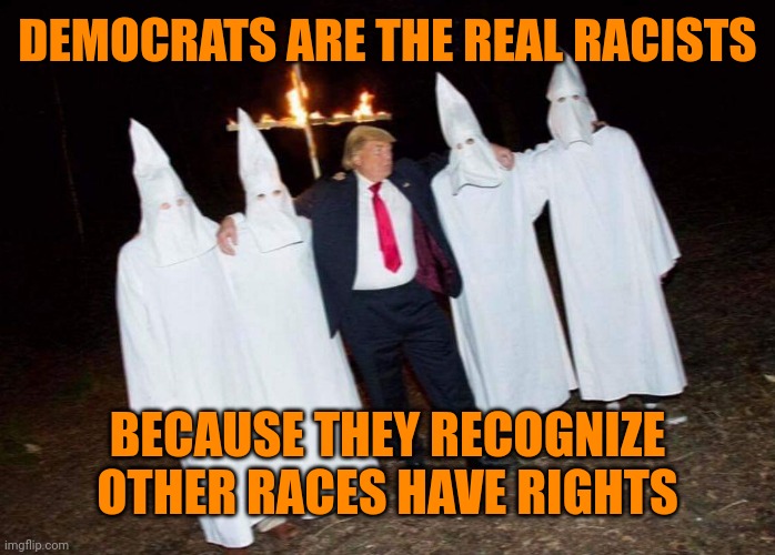 KKK Trump | DEMOCRATS ARE THE REAL RACISTS BECAUSE THEY RECOGNIZE OTHER RACES HAVE RIGHTS | image tagged in kkk trump | made w/ Imgflip meme maker