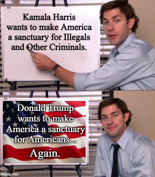 The More You Know... the less you support Harris-Walz | Kamala Harris wants to make America a sanctuary for Illegals and Other Criminals. Donald Trump wants to make America a sanctuary for Americans... Again. | image tagged in jim halpert explains | made w/ Imgflip meme maker