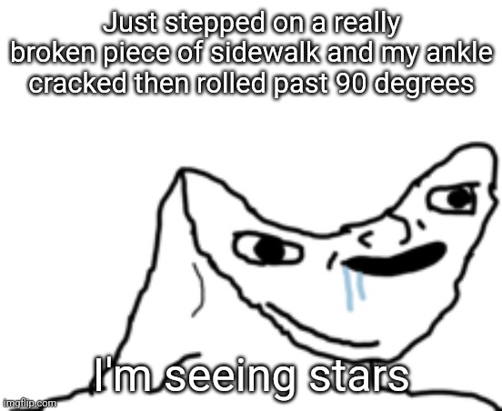 Dumb Wojak | Just stepped on a really broken piece of sidewalk and my ankle cracked then rolled past 90 degrees; I'm seeing stars | image tagged in dumb wojak | made w/ Imgflip meme maker