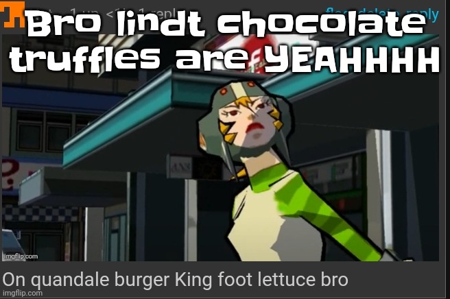 Vuh ro | Bro lindt chocolate truffles are YEAHHHH | image tagged in on quandale burger king foot lettuce bro | made w/ Imgflip meme maker