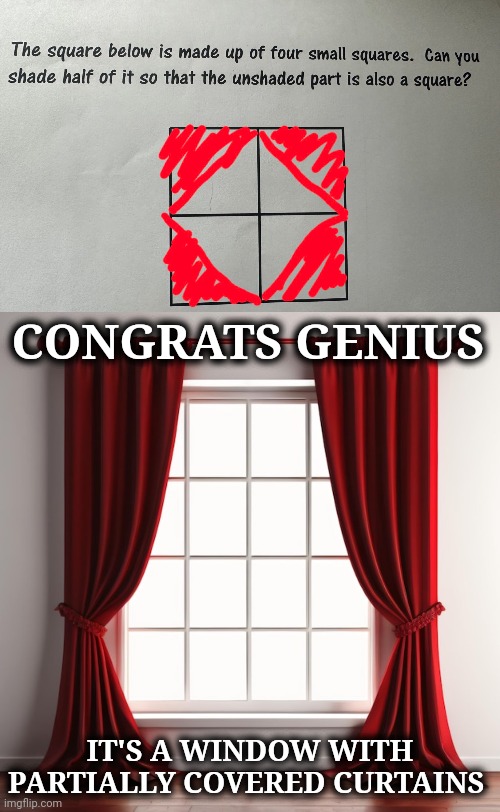 Window with curtains | CONGRATS GENIUS; IT'S A WINDOW WITH PARTIALLY COVERED CURTAINS | image tagged in window,squares,square,curtains,curtain,memes | made w/ Imgflip meme maker