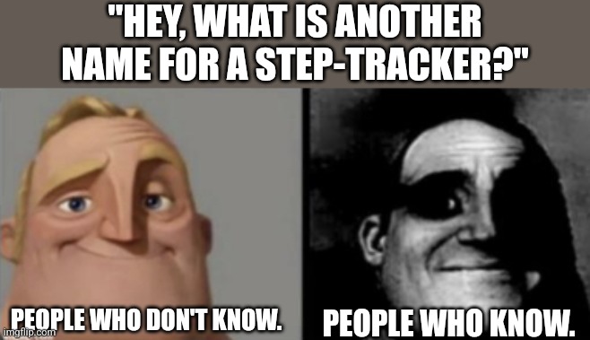 I dare you to look this up, especially during this day and age. | "HEY, WHAT IS ANOTHER NAME FOR A STEP-TRACKER?"; PEOPLE WHO DON'T KNOW. PEOPLE WHO KNOW. | image tagged in people who know and dont know,mr incredible becoming uncanny,mr incredible,traumatized mr incredible | made w/ Imgflip meme maker