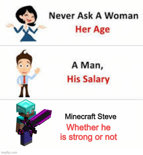 Never ask a woman her age | Minecraft Steve; Whether he is strong or not | image tagged in never ask a woman her age,minecraft | made w/ Imgflip meme maker