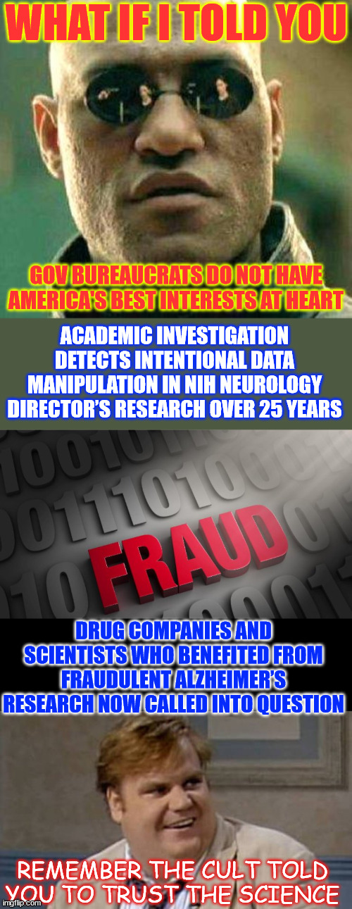 “Hundreds of images. There had to have been ongoing manipulation for years.” | WHAT IF I TOLD YOU; GOV BUREAUCRATS DO NOT HAVE AMERICA'S BEST INTERESTS AT HEART; ACADEMIC INVESTIGATION DETECTS INTENTIONAL DATA MANIPULATION IN NIH NEUROLOGY DIRECTOR’S RESEARCH OVER 25 YEARS; DRUG COMPANIES AND SCIENTISTS WHO BENEFITED FROM FRAUDULENT ALZHEIMER’S RESEARCH NOW CALLED INTO QUESTION; REMEMBER THE CULT TOLD YOU TO TRUST THE SCIENCE | image tagged in what if i told you,fraud,follow the money,paid for results,trust the science they say,fudging the data | made w/ Imgflip meme maker