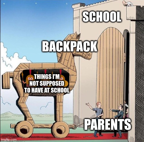 Sneaking stuff to school | SCHOOL; BACKPACK; THINGS I'M NOT SUPPOSED TO HAVE AT SCHOOL; PARENTS | image tagged in trojan horse | made w/ Imgflip meme maker