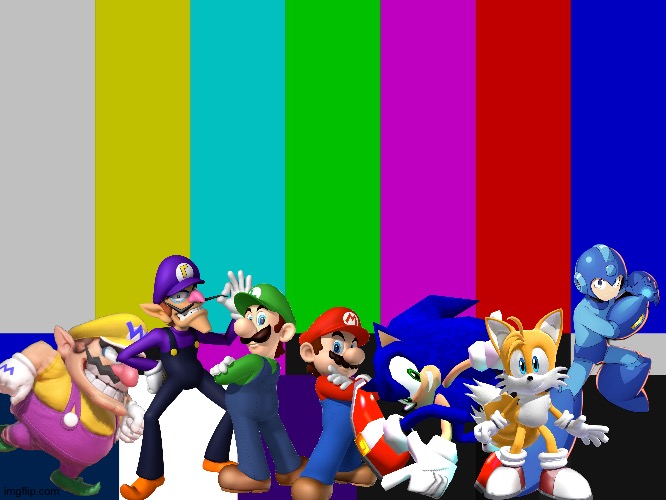 Wario and Friends dancing in the colored bar background | image tagged in color bars,wario,waluigi,super mario,sonic the hedgehog,megaman | made w/ Imgflip meme maker