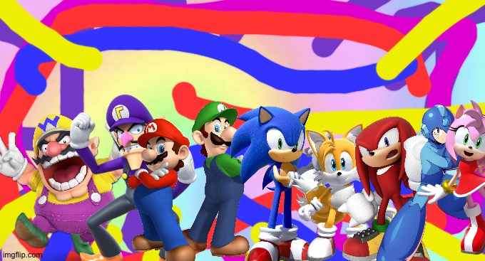 Wario and Friends having a party in the colorful rainbow background | image tagged in do not interact colorful rainbow background,wario,waluigi,super mario,megaman,sonic the hedgehog | made w/ Imgflip meme maker