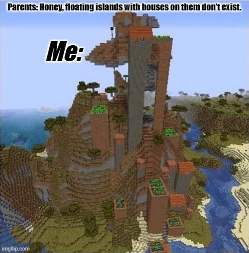 . . . | Parents: Honey, floating islands with houses on them don't exist. Me: | image tagged in minecraft,minecraft villagers | made w/ Imgflip meme maker