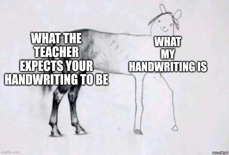 Horse Drawing | WHAT THE TEACHER EXPECTS YOUR HANDWRITING TO BE; WHAT MY HANDWRITING IS | image tagged in horse drawing | made w/ Imgflip meme maker