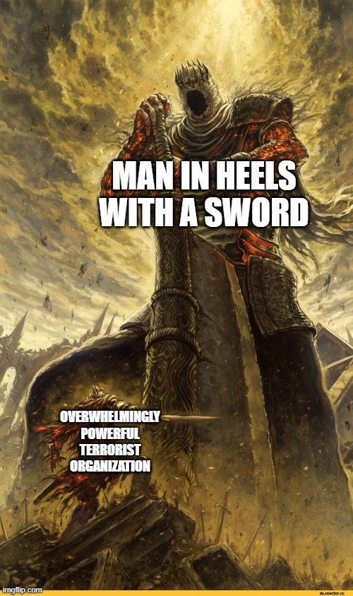 Metal Gear Rising: Revengeance if it wasn't obvious | MAN IN HEELS WITH A SWORD; OVERWHELMINGLY POWERFUL TERRORIST ORGANIZATION | image tagged in giant vs man,memes,funny,gaming | made w/ Imgflip meme maker