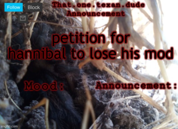 THE that.one.texan.dude announcement template | petition for hannibal to lose his mod | image tagged in the that one texan dude announcement template | made w/ Imgflip meme maker