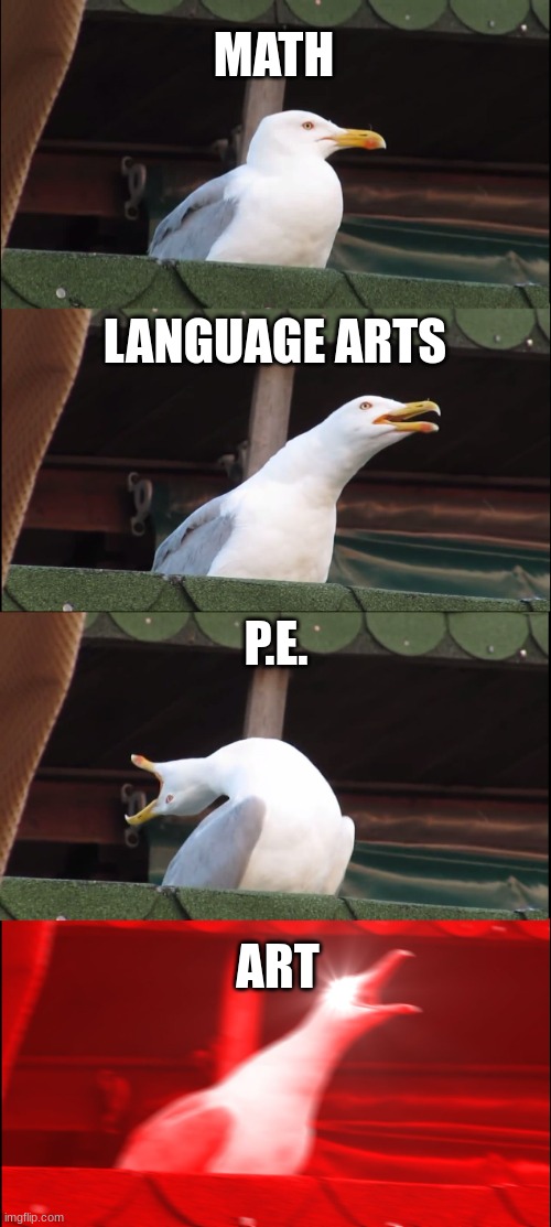 Inhaling Seagull | MATH; LANGUAGE ARTS; P.E. ART | image tagged in memes,inhaling seagull | made w/ Imgflip meme maker