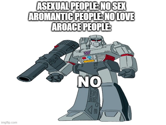 *insert title here* | ASEXUAL PEOPLE: NO SEX
AROMANTIC PEOPLE: NO LOVE
AROACE PEOPLE:; NO | image tagged in blank white template,g1 megatron | made w/ Imgflip meme maker