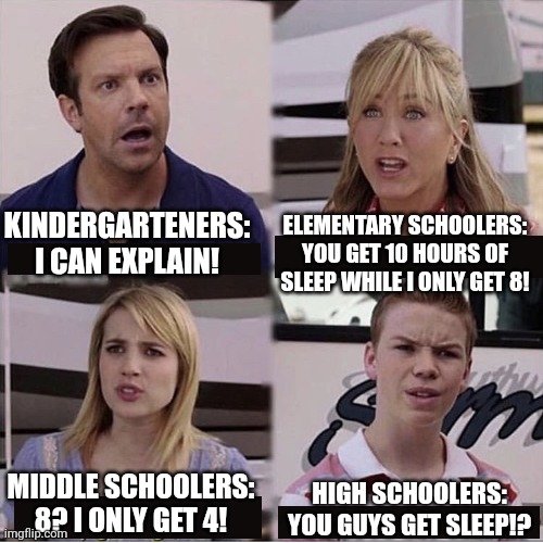 You guys are getting paid template | KINDERGARTENERS: I CAN EXPLAIN! ELEMENTARY SCHOOLERS: YOU GET 10 HOURS OF SLEEP WHILE I ONLY GET 8! MIDDLE SCHOOLERS: 8? I ONLY GET 4! HIGH SCHOOLERS: YOU GUYS GET SLEEP!? | image tagged in you guys are getting paid template | made w/ Imgflip meme maker