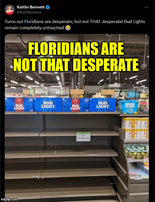 Just say no to swamp water Bud Light | FLORIDIANS ARE NOT THAT DESPERATE | image tagged in hurricane milton,coming,floridians,have standards | made w/ Imgflip meme maker