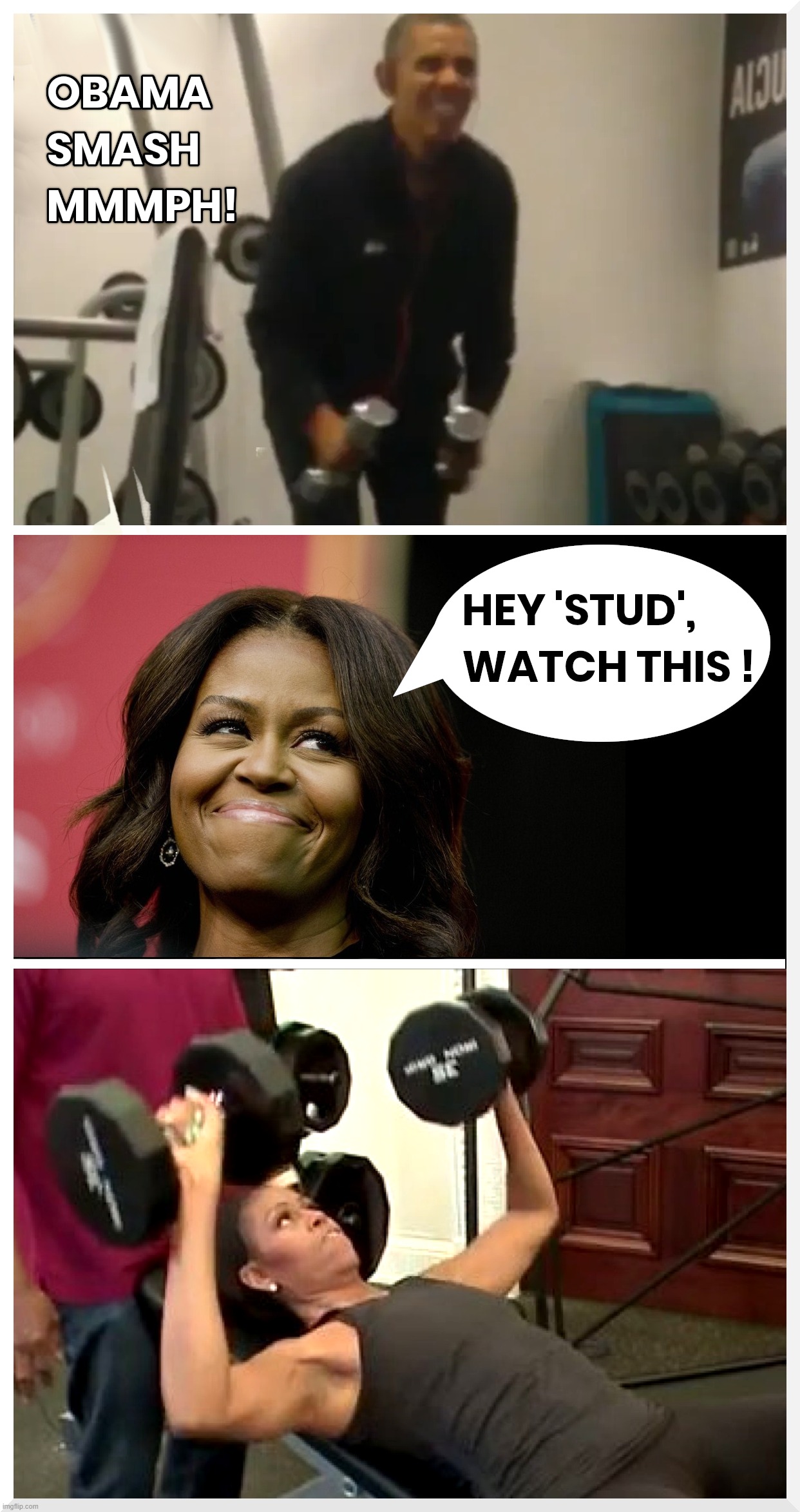 OBAMA SMASHES WEIGHTS | image tagged in michelle,barack,weights,workout,obama,stud | made w/ Imgflip meme maker