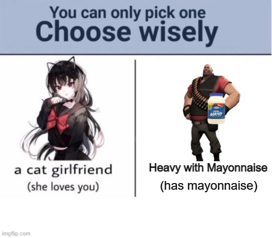 Choose wisely | Heavy with Mayonnaise; (has mayonnaise) | image tagged in choose wisely | made w/ Imgflip meme maker