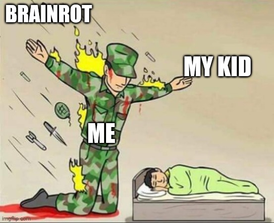 Soldier protecting sleeping child | BRAINROT; MY KID; ME | image tagged in soldier protecting sleeping child | made w/ Imgflip meme maker