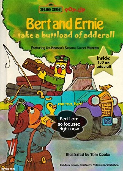 ADHD Bert and Ernie | 100 mg
adderall; Inside:; me too, Bert! Bert i am
so focused right now | image tagged in funny memes,fake books | made w/ Imgflip meme maker