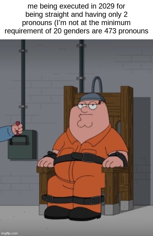 peter griffin electric chair | me being executed in 2029 for being straight and having only 2 pronouns (I'm not at the minimum requirement of 20 genders are 473 pronouns | image tagged in peter griffin electric chair | made w/ Imgflip meme maker