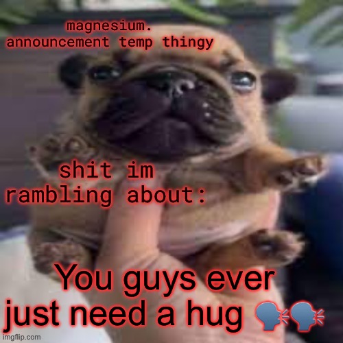 pug temp | You guys ever just need a hug 🗣️🗣️ | image tagged in pug temp | made w/ Imgflip meme maker