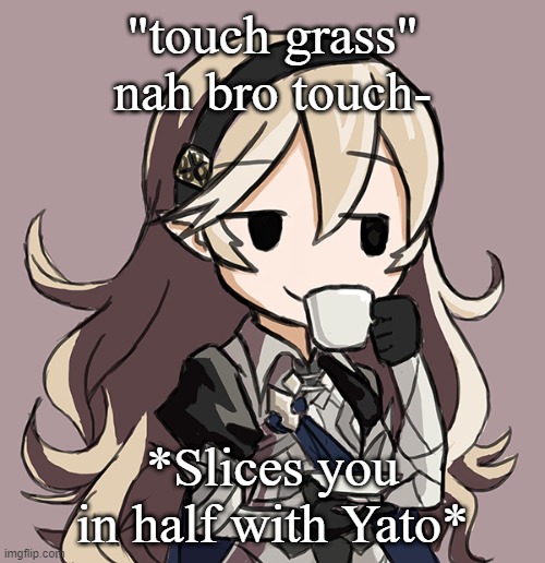 Corrin sipping tea | "touch grass"
nah bro touch-; *Slices you in half with Yato* | image tagged in corrin sipping tea | made w/ Imgflip meme maker
