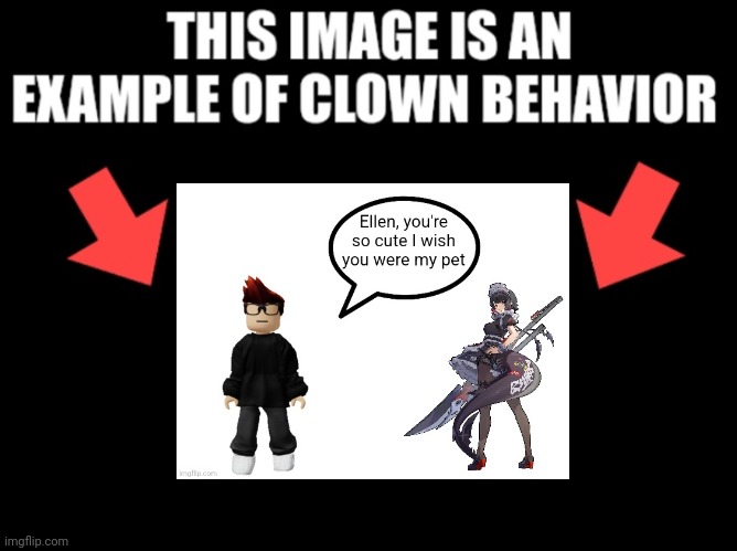 MC and Ellen Joe are not from the same multiverse. MC's from the Periodic States Of Mendelevia | image tagged in this image is an example of clown behavior dark mode,mc,ellen joe | made w/ Imgflip meme maker