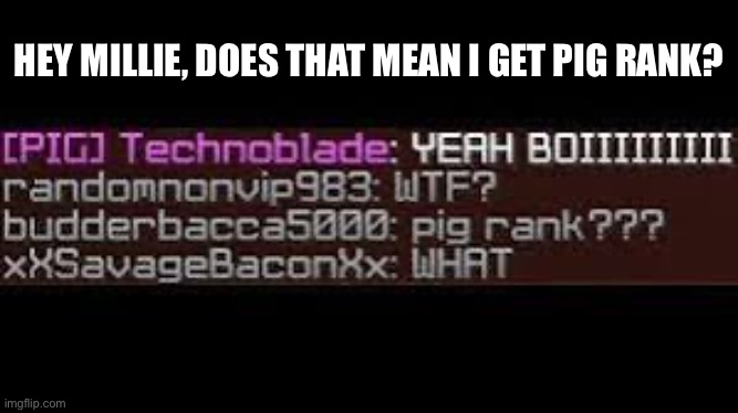 Yes I’m pan lol | HEY MILLIE, DOES THAT MEAN I GET PIG RANK? | image tagged in technoblade,minecraft | made w/ Imgflip meme maker