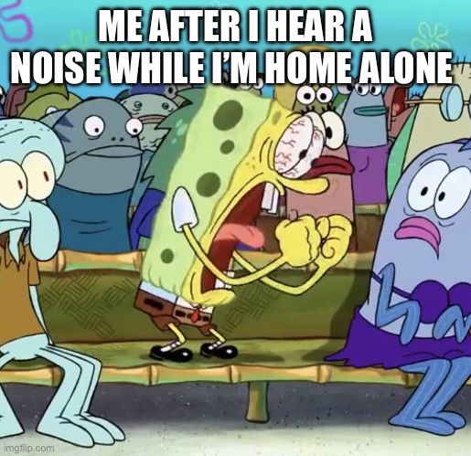 Um what the hell was that | ME AFTER I HEAR A NOISE WHILE I’M HOME ALONE | image tagged in spongebob yelling | made w/ Imgflip meme maker