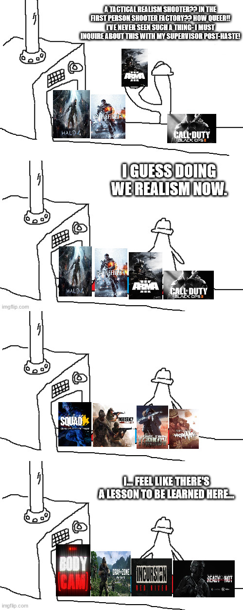 The Next Saturated Market(?) | A TACTICAL REALISM SHOOTER?? IN THE FIRST PERSON SHOOTER FACTORY?? HOW QUEER!! I'VE NEVER SEEN SUCH A THING- I MUST INQUIRE ABOUT THIS WITH MY SUPERVISOR POST-HASTE! I GUESS DOING WE REALISM NOW. I... FEEL LIKE THERE'S A LESSON TO BE LEARNED HERE... | image tagged in i guess we doin circles now clean,guess we are making circles now,video games | made w/ Imgflip meme maker