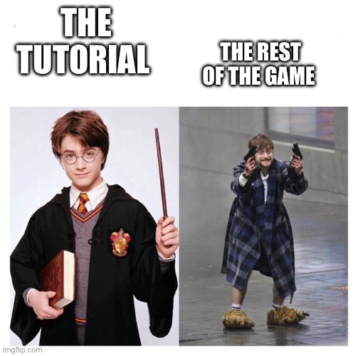 I get you can change the difficulty | THE REST OF THE GAME; THE TUTORIAL | image tagged in harry vs harry | made w/ Imgflip meme maker