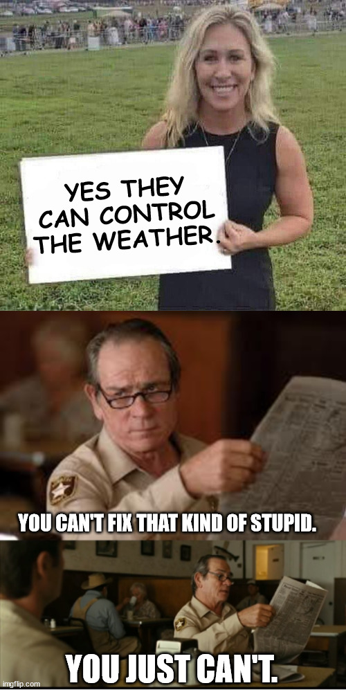 do you think they used the space laser this time? | YES THEY CAN CONTROL THE WEATHER. YOU CAN'T FIX THAT KIND OF STUPID. YOU JUST CAN'T. | image tagged in marjorie taylor greene,tommy explains | made w/ Imgflip meme maker