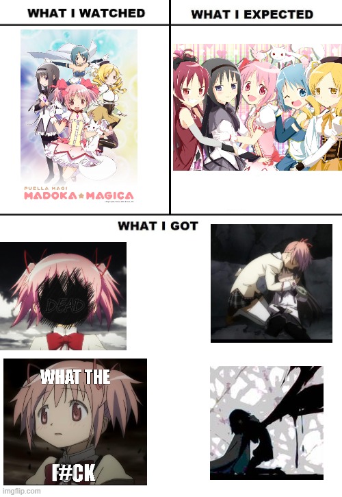 Wat the heck is this show | # | image tagged in what i watched/ what i expected/ what i got,anime,memes,puella magi madoka magica | made w/ Imgflip meme maker