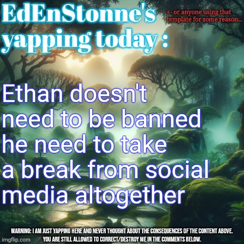 The trolling is insane | Ethan doesn't need to be banned he need to take a break from social media altogether | image tagged in edenstonne's yapping template | made w/ Imgflip meme maker