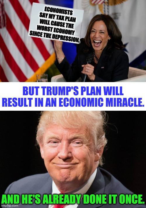 You Can't Tax Yourself Into Prosperity | ECONOMISTS SAY MY TAX PLAN WILL CAUSE THE WORST ECONOMY SINCE THE DEPRESSION. BUT TRUMP'S PLAN WILL RESULT IN AN ECONOMIC MIRACLE. AND HE'S ALREADY DONE IT ONCE. | image tagged in kamala harris holding sign,depression,president donald trump,miracle,memes,politics | made w/ Imgflip meme maker