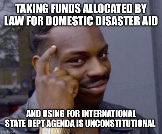 black guy pointing at head | TAKING FUNDS ALLOCATED BY LAW FOR DOMESTIC DISASTER AID AND USING FOR INTERNATIONAL STATE DEPT AGENDA IS UNCONSTITUTIONAL | image tagged in black guy pointing at head | made w/ Imgflip meme maker